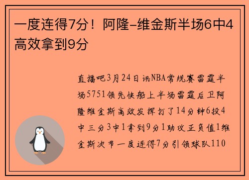 一度连得7分！阿隆-维金斯半场6中4高效拿到9分