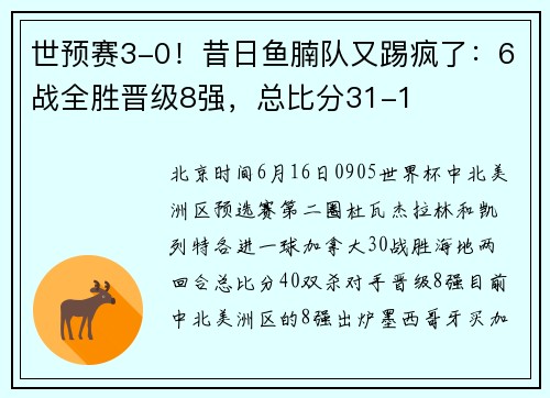 世预赛3-0！昔日鱼腩队又踢疯了：6战全胜晋级8强，总比分31-1